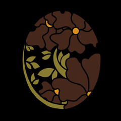 Oval floral illustration in dark earthy tones featuring stylized brown flowers with golden centers and olive-green leaves, set against a black background for a bold retro look