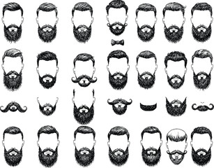 Hand drawn vector illustration of different beard styles and mustache grooming collection for men hairstyle fashion, hipster barber design, isolated set