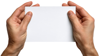 PNG of Close-up of two hands, one male and one female, holding a blank card or paper, ready for writing or presentation.
