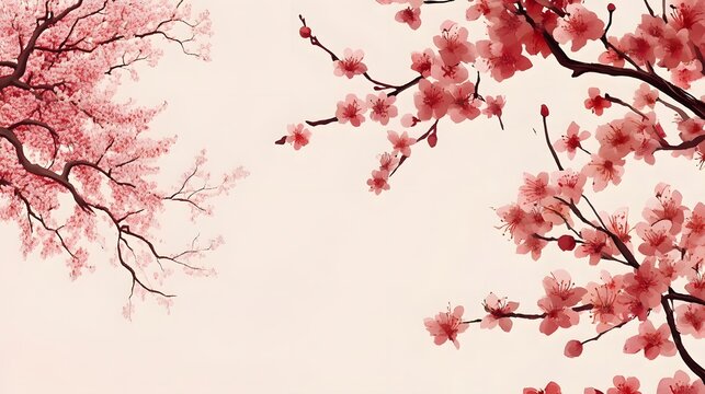 Watercolor painting of cherry blossom branches with pink flowers in full bloom - Powered by Adobe