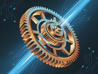 Three dimensional golden mechanical cogwheels intersecting with digital circuit board lines and bright blue data flow