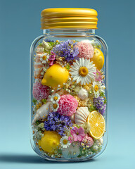 Glass jar filled with flowers and lemons in surreal botanical still life
