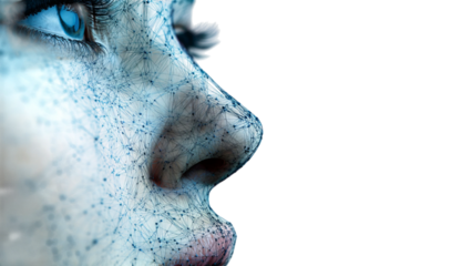 PNG of Futuristic digital portrait of a female face with blue network patterns, symbolizing technology and innovation.