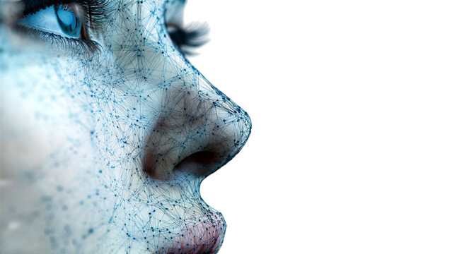 PNG of Futuristic digital portrait of a female face with blue network patterns, symbolizing technology and innovation.
