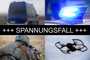 Spannungsfall Symbolbild: Schriftzug SPANNUNGSFALL auf einer Fotocollage mit THW-Fahrzeug, Blaulicht, Bundeswehrsoldat und Drohne