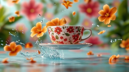 Floating teacup with flowers and water splash