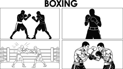 Boxing illustration, black and white fight scenes, sparring athletes, punch action, defensive stance, combat sport artwork, vintage style, dynamic motion
