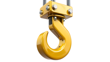 Closeup of a yellow crane hook isolated on transparent background, showcasing its robust design and lifting mechanism for heavyduty construction work