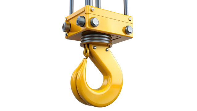 Yellow crane hook isolated on transparent background heavy duty lifting equipment for construction site industrial machinery for lifting heavy objects - Powered by Adobe