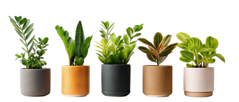 PNG of Five stylish potted plants in modern ceramic pots, showcasing vibrant greenery and diverse foliage.