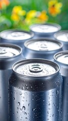 Close-up of wet aluminum cans