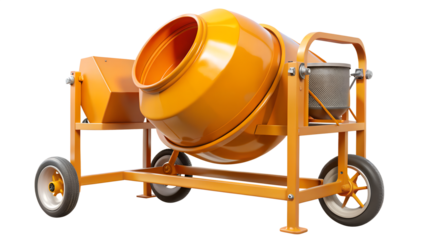 Portable yellow cement mixer isolated on transparent background, a construction tool for mixing cement, sand, and water to make concrete or mortar