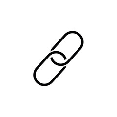 Simple outline icon of two interlocking chain links, symbolizing hyperlink, connection, security, unity, and linking content in a minimalist vector interface design.