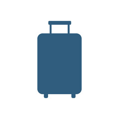 Simple solid dark blue silhouette icon of a vertical rolling carry-on suitcase with an extended handle, symbolizing travel, vacation, luggage, and airport transportation in a minimalist vector design.