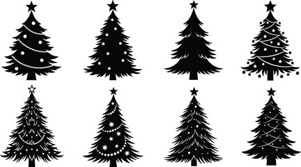 Christmas tree silhouette collection, festive pine and spruce trees with stars and ornaments, black vector illustration for holiday design, decoration, celebration projects