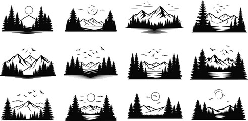 Mountain and forest landscape silhouette collection, pine trees, lake, and sunrise scenes, outdoor adventure nature vector design for camping, travel, and wilderness themes