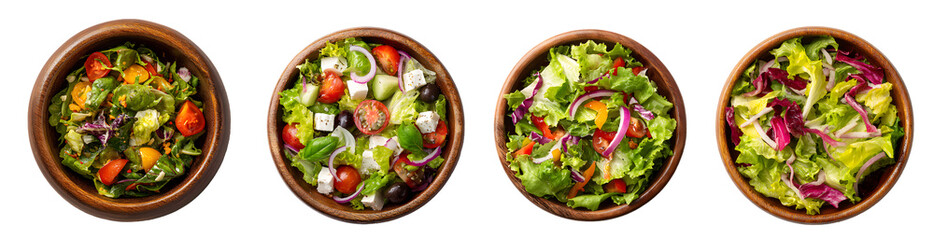 Fresh vegetable salad bowls set isolated on white background, healthy food cut out PNG