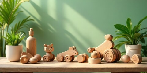 A serene tableau of handcrafted wooden toys arranged on a sunlit wooden surface, complemented by potted plants, evokes a sense of simple childhood joy and natural aesthetics
