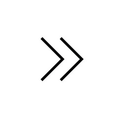 Simple outline icon of a double right-pointing chevron arrow, symbolizing fast forward, next page, speed, rapid movement, and progression in a clean vector line art.