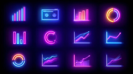 Bright neon icons display different financial charts and graphs, illustrating trends in data analysis and currency. The vibrant colors stand out against the dark background, enhancing visualization