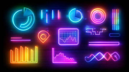 A collection of vibrant neon graphs and charts is displayed on a dark wooden background. This artistic arrangement features various design elements for visual data representation