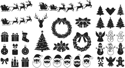 Christmas silhouette icon bundle with Santa sleigh, reindeer, snowman, wreath, tree, gifts, ornaments, bells, festive holiday decoration vector design collection