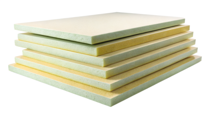 Stack of rigid polyurethane foam boards isolated on transparent background, showcasing insulation material for construction and thermal management applications