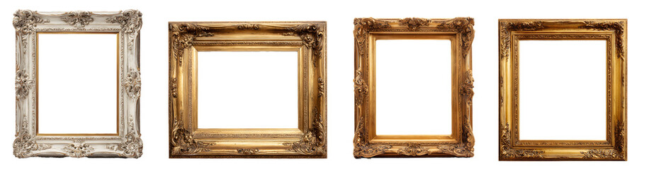 Vintage ornate picture frame set isolated on white background, antique wooden frames cut out PNG