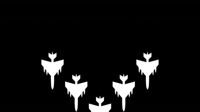 five jets fighter fly route from top to bottom.. animation on black background 4k video