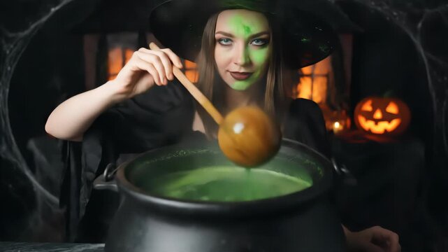 A person with green face paint stirs a glowing green potion in a cauldron with a wooden spoon. Smoke rises from the cauldron, and a carved pumpkin and a fireplace are visible in the background.