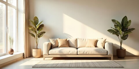 Serene living room interior design featuring a light beige sofa, complemented by potted plants and bathed in warm sunlight streaming through a large window.