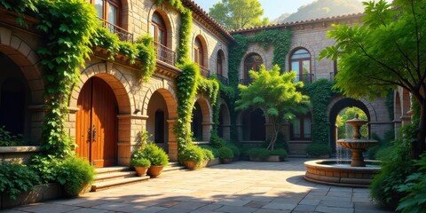Fototapeta premium Sunlit Courtyard with Stone Architecture and Lush Greenery Featuring a Tranquil Fountain