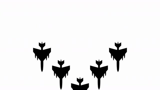 five jets fighter fly route from top to bottom. animation on white background 4k video