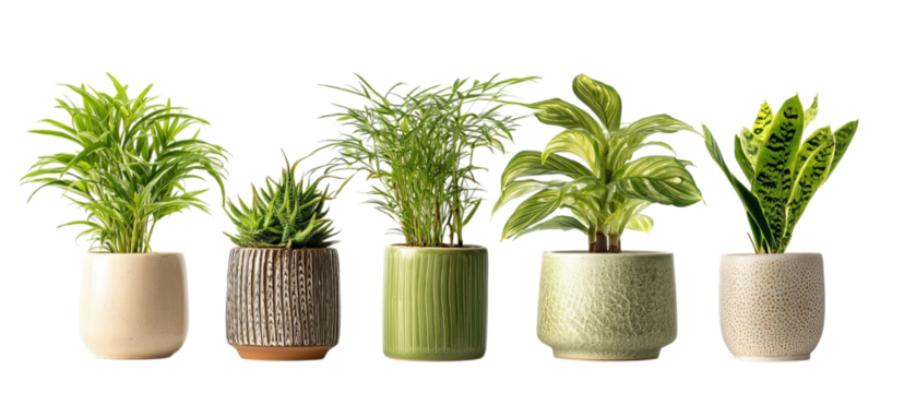 PNG of A stylish arrangement of indoor plants in decorative pots, showcasing vibrant greenery and textures.