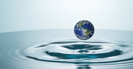 Earth Floating in Water: A miniature representation of the Earth hovers delicately above the calm water surface, conveying a sense of harmony and environmental awareness.