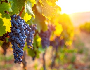 Fototapeta premium Vine with ripe purple grapes, bathed in warm sunlight, ready for harvest