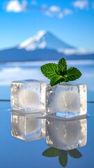 Ice cubes with mint on reflective surface