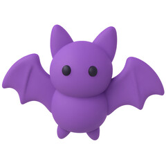 Fototapeta premium Cute purple kawaii bat in 3D cartoon style with open wings, perfect for Halloween, children's illustrations, and fun designs.