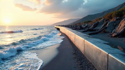 Serene Sunset Coastal Scene Ocean Waves Crashing on Shoreline with a Modern Concrete Wall and Exposed Tree Roots