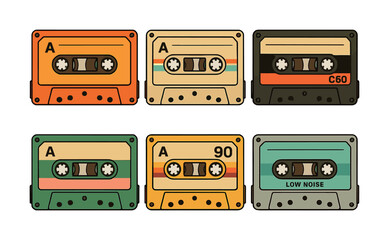 Vector Vintage audio cassettes collection in various designs and colors
