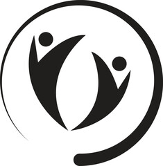 Abstract human figures embracing inside a circular motion emblem for connection and community isolated on white background