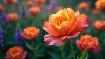 Obraz premium A vibrant orange blossom in a field of flowers, bathed in soft sunlight, displaying delicate petals and a captivating bloom