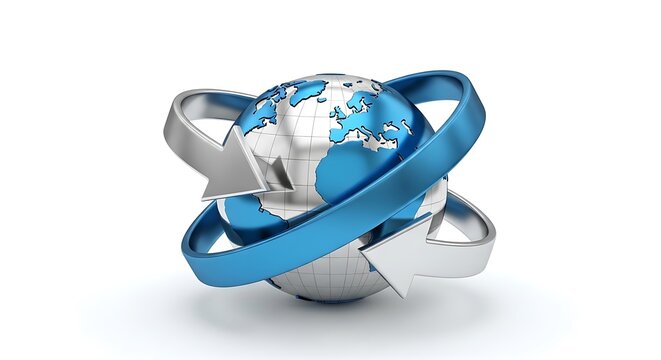 Global network solution concept showing worldwide connections with modern arrows circling earth