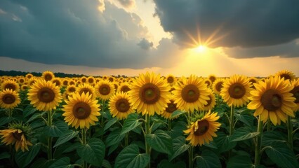 Fototapeta premium Golden Sunflowers Bask in the Dramatic Sunset Glow of a Summer Field