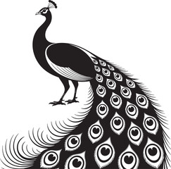 Elegant black and white peacock silhouette with decorative tail feathers isolated on white background vector illustration.