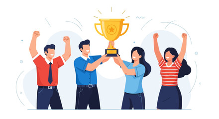 Group of happy business colleagues celebrating their collective success and teamwork with a golden winner's trophy