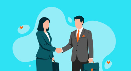 Corporate handshake between a businessman and businesswoman, a vector graphic symbolizing a successful deal, agreement, and teamwork