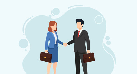 Business meeting with a handshake between a man and a woman, symbolizing partnership and agreement, with briefcases in hand