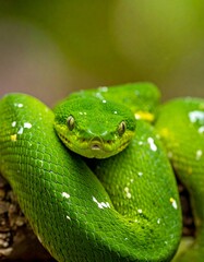 Fototapeta premium Vibrant close-up of a coiled emerald green snake on a tree branch