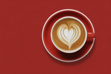 Coffee with Love: A meticulously crafted latte art heart adorns a steaming cup of coffee, presented on a striking red background, symbolizing warmth and affection.